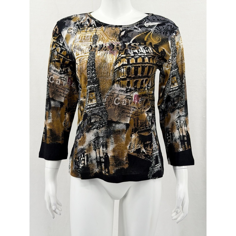 Jane Ashley Top Womens Small Black Paris Graphic‎ 3/4 Sleeve Artsy Y2K Romantic